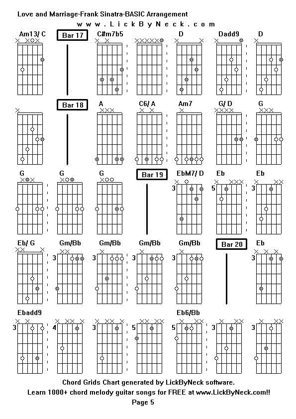 Chord Grids Chart of chord melody fingerstyle guitar song-Love and Marriage-Frank Sinatra-BASIC Arrangement,generated by LickByNeck software.